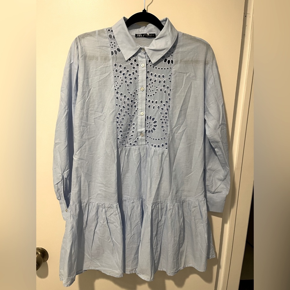 ZARA Light Blue Eyelet Button-Up Dress